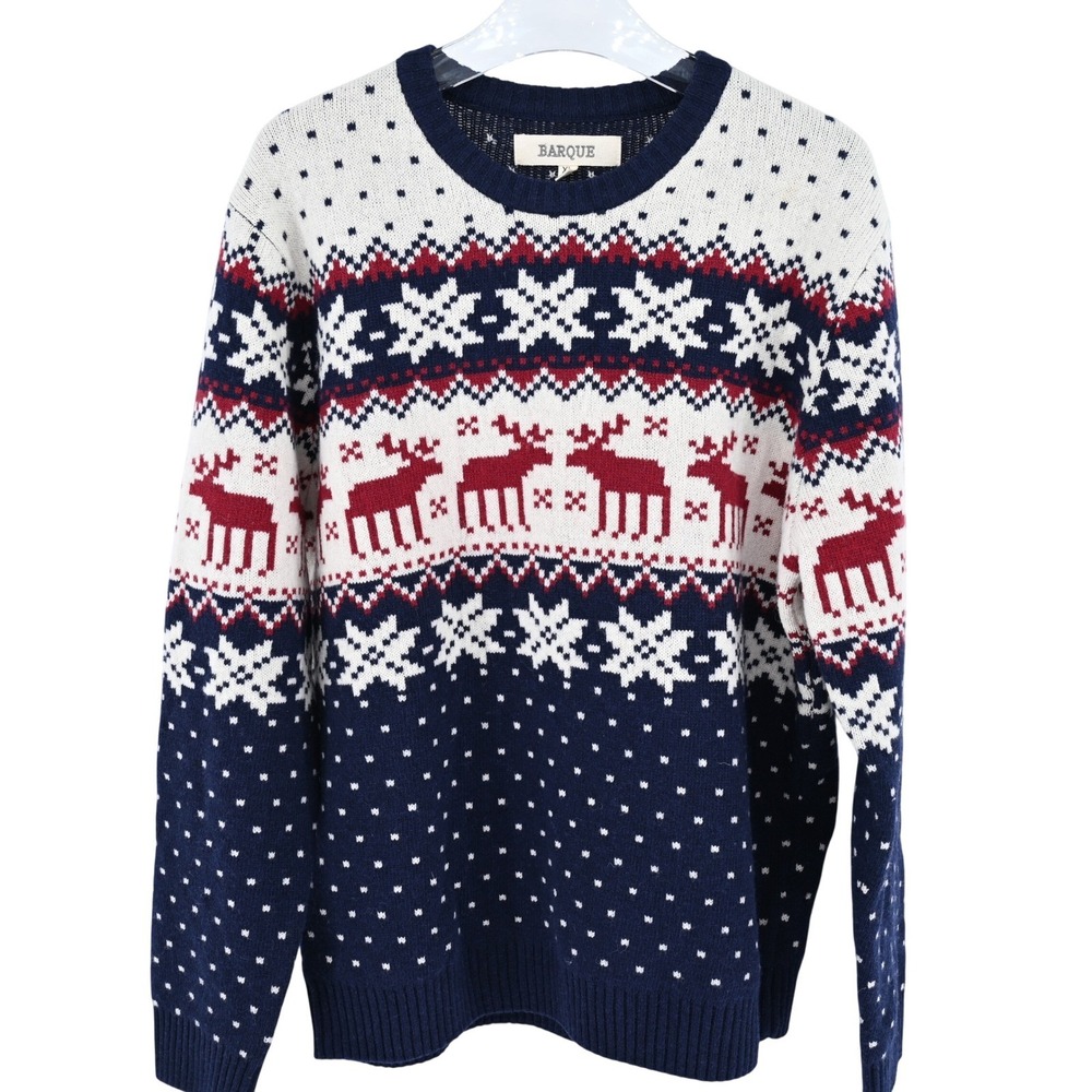 Men's XL Wool Holiday Reindeer Sweater Navy Fair Isle Eclectic Grandpa Cozy